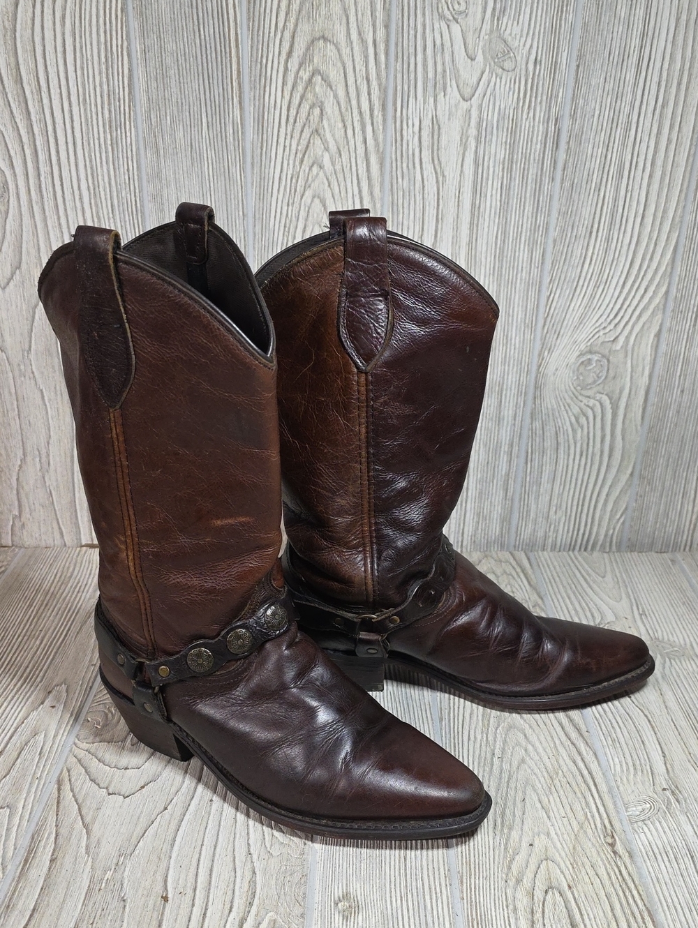 Abilene Sage Brown Leather Concho Harness Western Cowboy Boots Womens Size 8.5